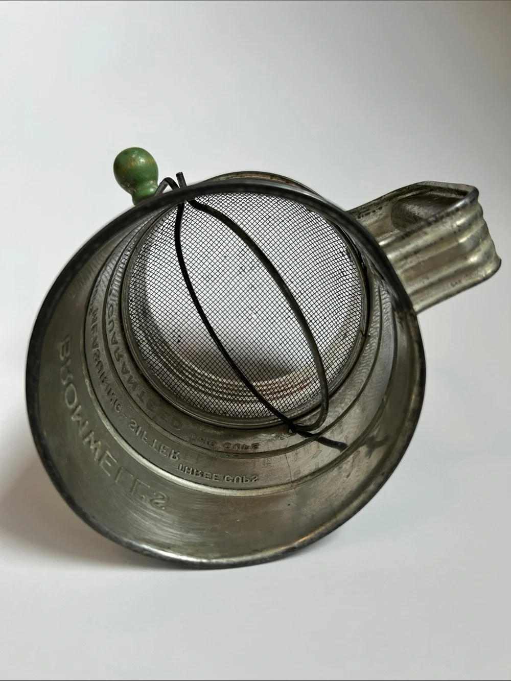 Vintage Bromwell’s 3 c. Metal Flour Sifter with Green Wooden Handle